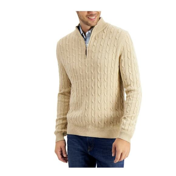 Club Room Light Tan  Quarter Zip Cotton Blend Cable Knit Sweater Men’s L NWT - Picture 1 of 7